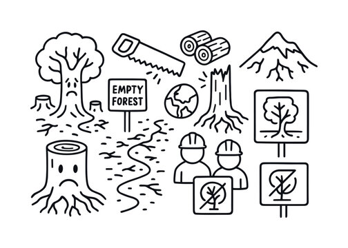 Environmental Destruction Doodles. Clearcut. Hand-drawn doodle illustration Clearcut environmental damage, sad tree face, empty forest sign, trail of