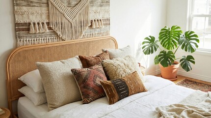 Boho chic bedroom detail: woven wall tapestry, rattan headboard, pile of plush pillows on a white linen bed