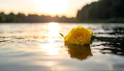 Yellow Flower Floating on Water at Sunset.