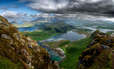 View From Offersoykammen Mountain Over Coastal Landscape On Lofoten Islands In Norway