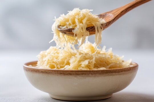 Wooden fork lifting portion of sauerkraut from ceramic bowl