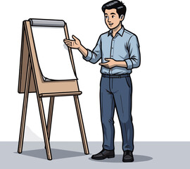 Create a Japanese man standing and making an office presentation or teaching and explaining something on a flip chart, vector art with white background.