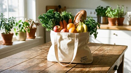 Reusable cotton shopping bag filled with fresh vegetables and fruits, placed on a neutral wooden table, natural daylight