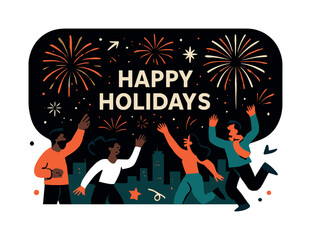 Holiday Fireworks Celebration. Holiday fireworks. A crowd watches as vibrant fireworks burst above a city skyline, lighting up the night with joy and color.