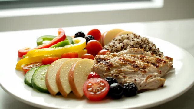 Colorful Fresh Vegetable and Fish Platter Arranged on White Ceramic Dish
