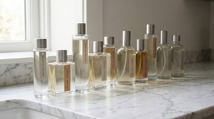 Set of refillable glass bottles with metal caps, various shapes and sizes, arranged in a row on a marble surface