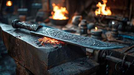 Intricately designed sword resting on a stone anvil in a dimly lit forge, surrounded by glowing embers and tools, showcasing the art of blacksmithing and craftsmanship