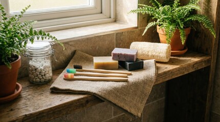Bamboo toothbrushes and solid soap bars placed on a hemp fabric towel, soft cozy lighting