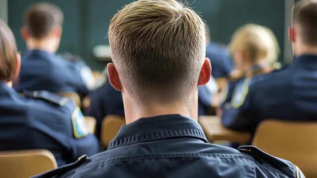 Police officers train in a classroom on essential law enforcement skills and community engagement strategies