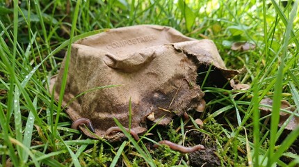 Macro shot of biodegradable packaging starting to break down in lush green grass, close-up