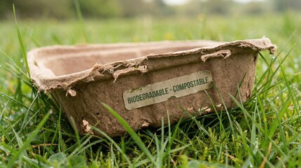 Macro shot of biodegradable packaging starting to break down in lush green grass, close-up