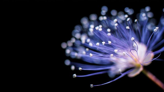 Dazzling electric blue fireworks bloom, featuring slender filaments and translucent petals, sparkling against a pure black background, high resolution.