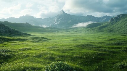 Obraz premium Serene mountain meadow landscape; sunrise mist; travel poster