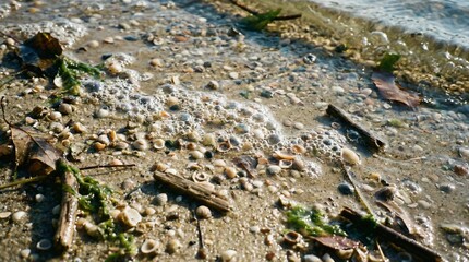 Riverbank detail with wet sand, shells, and tiny bubbles, close-up nature abstraction
