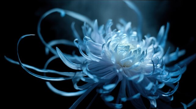 Dazzling electric blue fireworks bloom, featuring slender filaments and translucent petals, sparkling against a pure black background, high resolution.