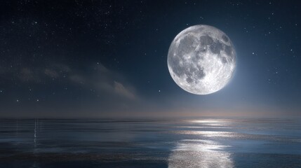 A luminous full moon shines brightly in a dark night sky, reflected on tranquil water