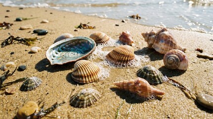 Close-up of wet sea shells scattered on golden sand, sparkling with drops of salt water
