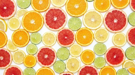 Repeating mosaic created from slices of citrus fruits orange, lemon, lime, grapefruit.