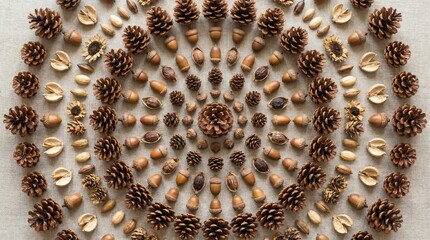 Symmetrical arrangement of pinecones, acorns, and dried seeds forming a radial natural pattern