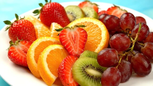 A vibrant assortment of fresh fruits including strawberries, oranges, kiwi, and grapes arranged on a white plate