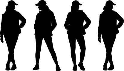 set of women in different poses wearing caps and jackets