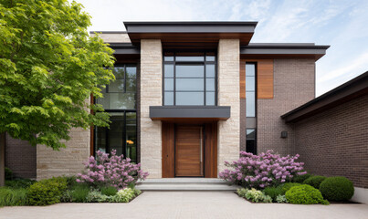 Modern home exterior with stone, brick, and wood accents. Lush landscaping.