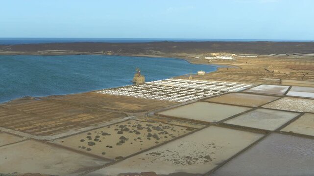 Rows of salt fields and evaporation ponds of Salinas de Janubio framed by volcanic coast and Atlantic Ocean. A picturesque view of the salt pans with traditional sea salt production in Lanzarote.