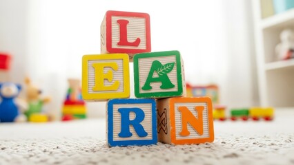 Colorful wooden alphabet blocks spelling 'LEARN' in a playful arrangement