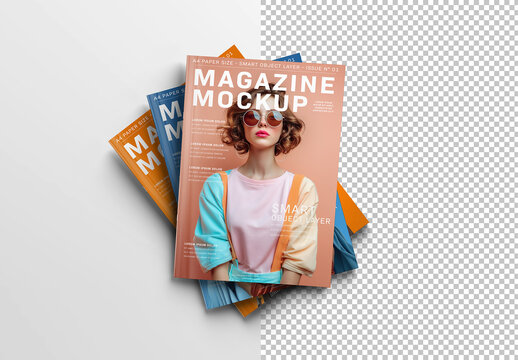 A Stack of Three Magazine Covers on White Background Mockup
