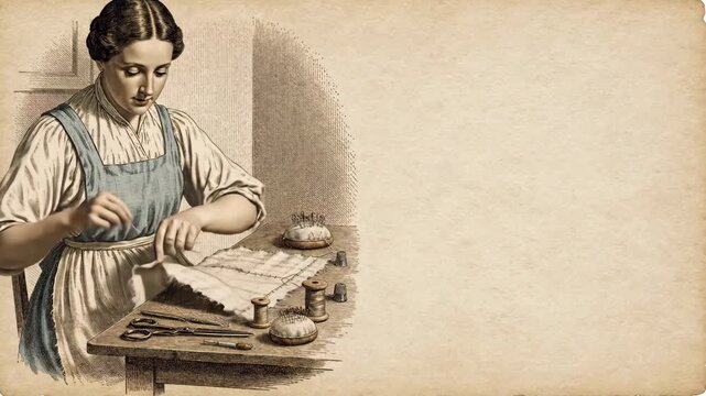 Woman sewing fabric by hand at a wooden table, a retro depiction of needlework as a craft