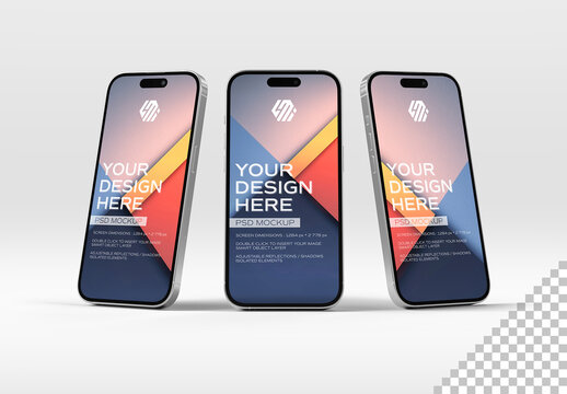 Three Isolated Smartphones On White With Shadows Mockup
