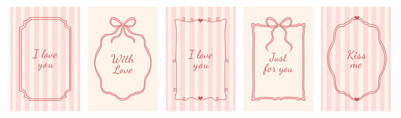 Hand-drawn Valentine's Day vintage frames set with whimsical lines, bows, ribbons in a coquette style. Vector elegant minimalist line art borders.Template for a poster, banner in a doodle style. 