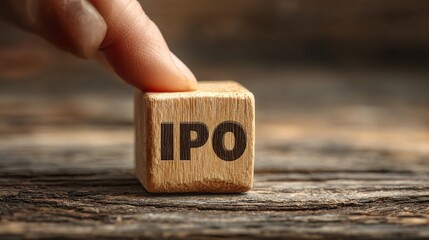 Finger pushing wooden block with IPO text on rustic wooden background