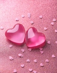 Valentine's day concept. Top view of pink jelly 3D hearts on pink heart glitter background with copy space 