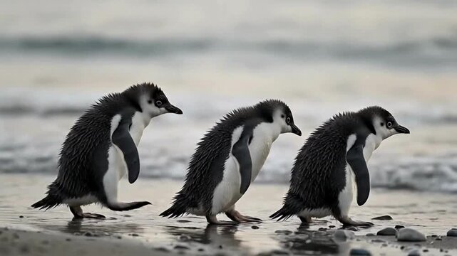 Three little penguins walking on beach by ocean waves