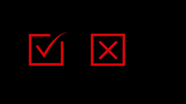 Yes and No Button Icons Set with Tick and Cross Symbols animation with alpha channel. Tick or check mark and cross mark signs icon animation. 