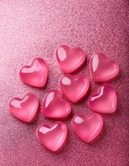 Obraz premium Valentine's day concept. Top view of pink jelly 3D hearts on pink heart glitter background with copy space 