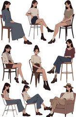 Create a kinds of deferent realistic young woman sitting on a chair vector art with white background. © al