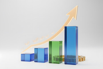 Transparent blue and green glass bar chart with golden upward arrow on white background, symbolizing business success and financial improvement