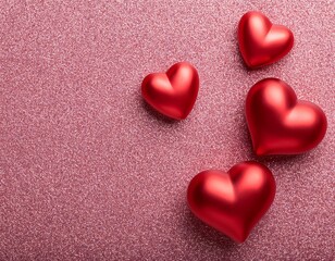 Valentine's day concept.  Top view of red 3D hearts on pink glitter background with copy space