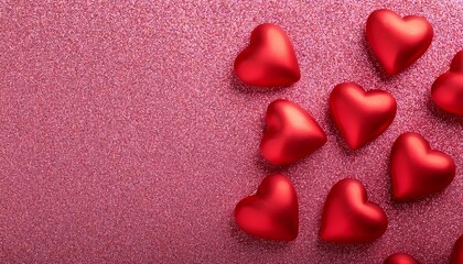 Valentine's day concept.  Top view of red 3D hearts on pink glitter background with copy space