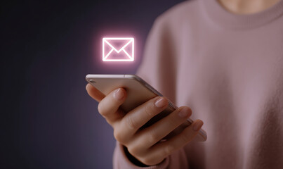 Person receives electronic mail on mobile device with neon message icon.