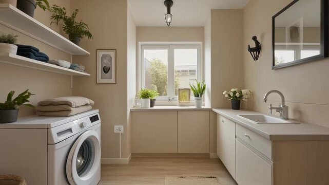 Modern laundry room with washing machine, sink, and plants viewed from the doorway