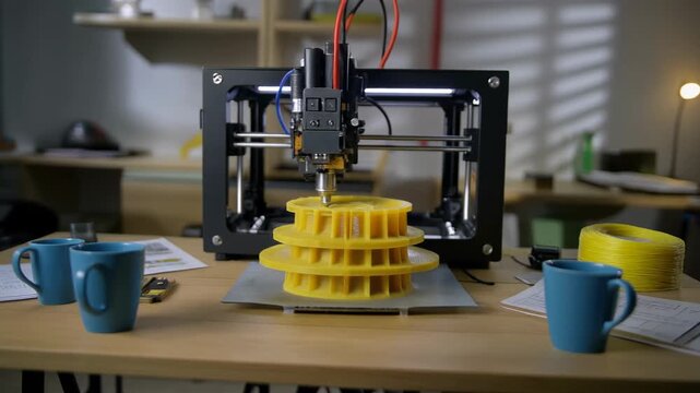 A 3D printer creating a yellow object on a wooden desk surrounded by blue mugs and office supplies in a well-lit room
