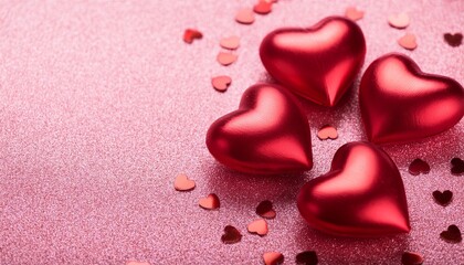 Valentine's day concept.  Top view of red 3D hearts on pink glitter background with copy space