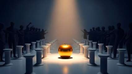 Golden apple on a pedestal surrounded by silhouetted figures and columns