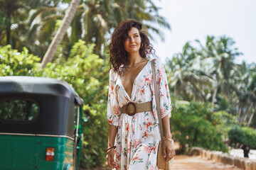 Elegant Woman Walking By Tuk Tuk On Tropical Road In Sri Lanka Asia