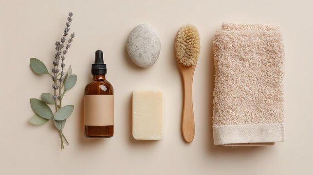 Flat lay of a bathroom accessories set on a beige background. on the left side of the image, there is a small bottle of essential oil with a black dropper and a label on it.