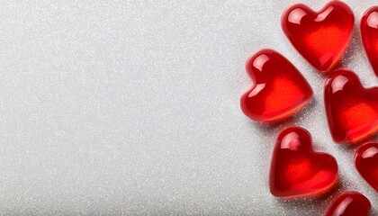 Valentine's day concept. Top view of red jelly 3D hearts on whitet glitter background with copy space 