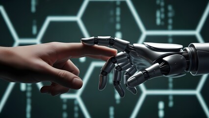 Human finger touching robotic finger with hexagonal grid background